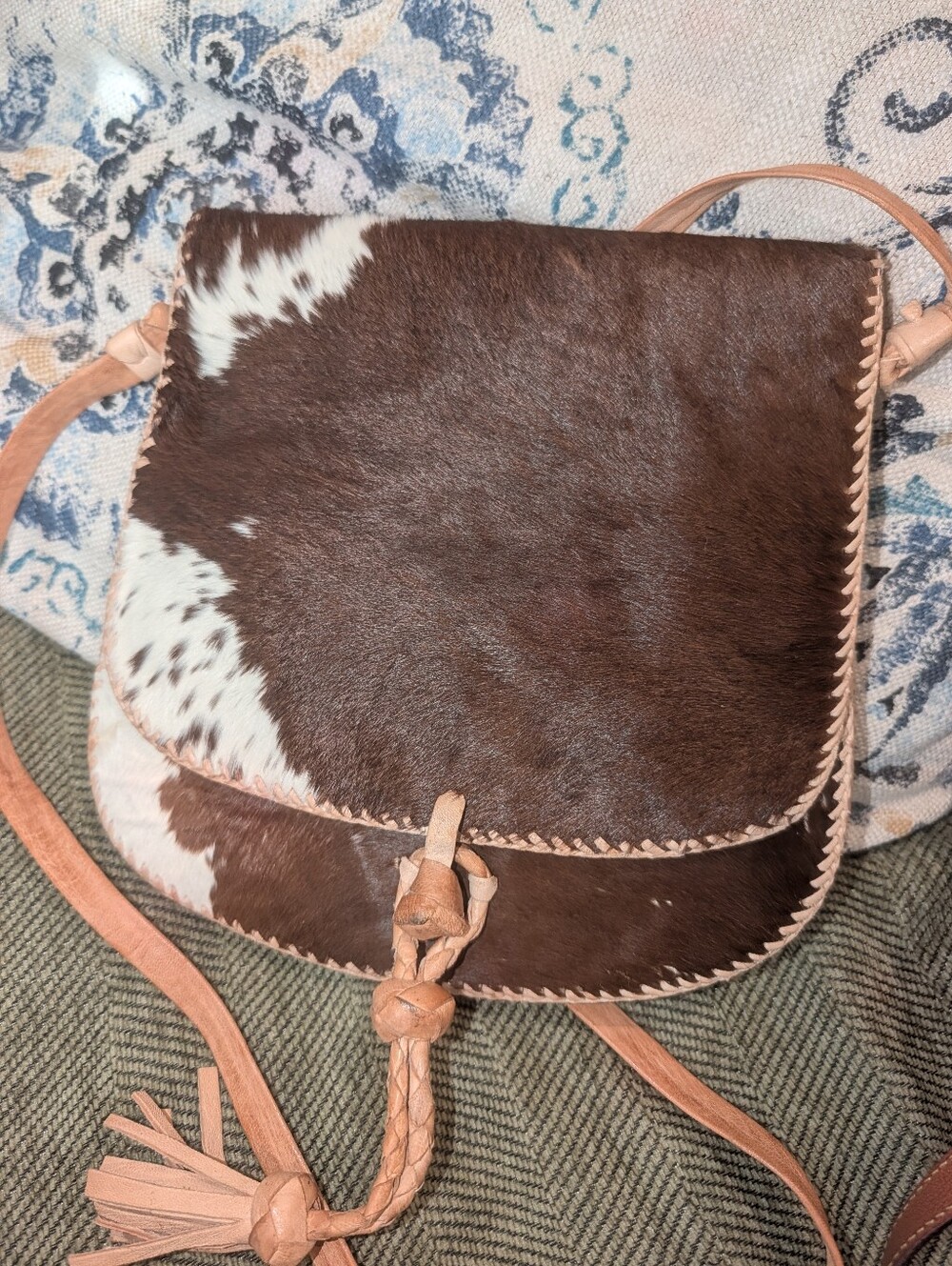 Brown and White Cowhide Crossbody Bag with Leather Trim